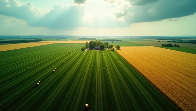 Aerial view over fields featuring straw bales. Soybean, sunflowers, and maize. - Powered by Adobe