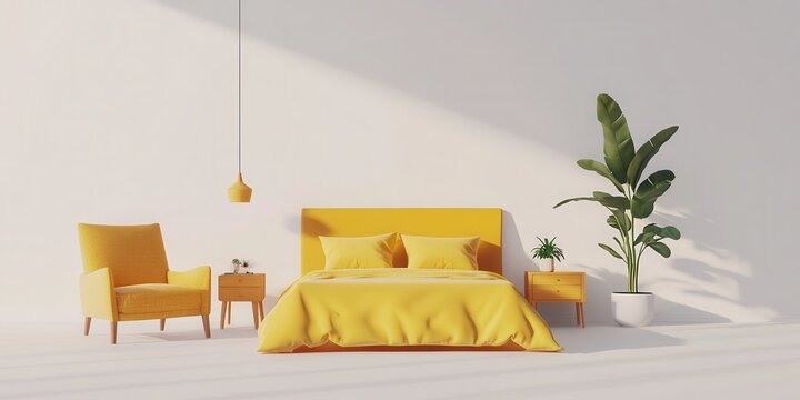 Simple minimalist bedroom design with yellow bed nightstand armchair and small plant on isolated background