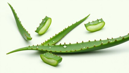 Aloe vera leaves accompanied by water droplets and slices against a white background, viewed from above, in a flat lay format, related to herb skin care.