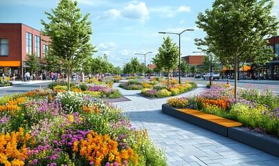 Vibrant urban streetscape showcases a pedestrian-friendly shopping district
