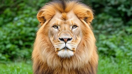 Obraz premium Majestic male lion portrait, direct gaze, lush green background.