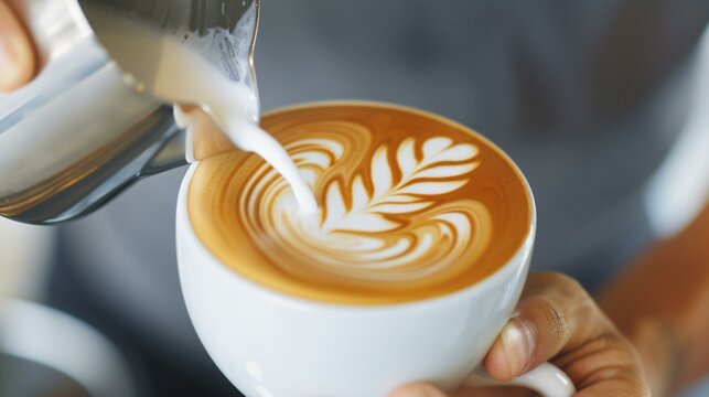 A creative barista preparing a latte with a perfect balance of espresso and steamed milk that results in striking latte art designs.