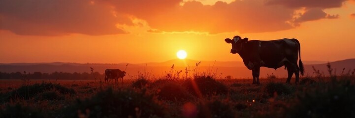 Dark silhouette of cow in rural landscape with open fields and sun set background, sunset, nature, bovine