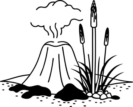 black and white volcano erupting with plants clip art preview