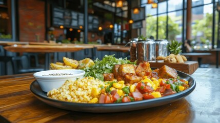 Obraz premium A colorful plate of fresh, delicious food displayed on a wooden table, emphasizing a balanced diet and healthy lifestyle choices .