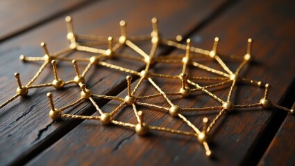 Linking entities. Abstract of network, networking, social media, and internet communication. A smaller network connected to a larger network. A web of golden wires over rustic wood.