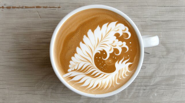 A sophisticated cafe environment where a barista diligently brews a latte and finishes it with an innovative and artistic latte art design.