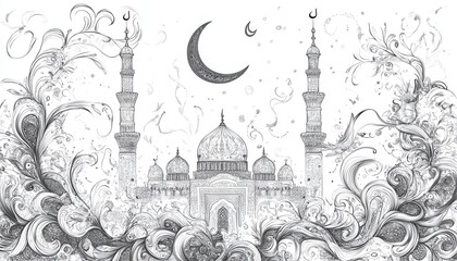 Monochrome Mosque Illustration Under Crescent Moon at Night