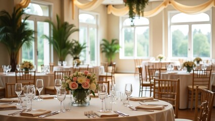 Elegant wedding reception arrangement featuring round tables, floral centerpieces, and champagne glasses in a beautifully adorned venue.