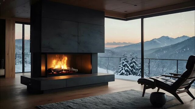 Cozy indoor fireplace with snowy mountain view through the window during winter season
