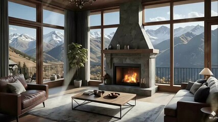 Cozy indoor fireplace with snowy mountain view through the window during winter season
