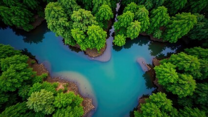Aerial perspective of vibrant tropical rainforest featuring a winding river.