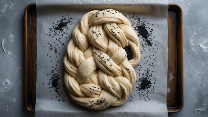 Overhead perspective of braided dough topped with sesame on a parchment-lined baking sheet, aerial view of twisted loaf featuring black sesame on a baking tray, illustrating the process of making b...