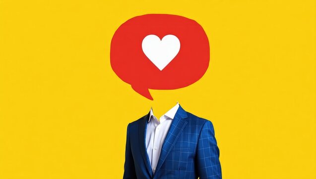 Contemporary art collage featuring a giant social media 'like' in place of a human head, isolated against a backdrop. This represents the concepts of social media, influence, popularity, modern lif...