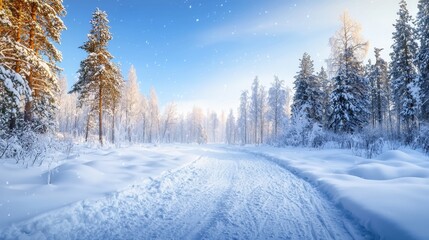 A cozy winter landscape with snow-covered trees, soft snowfall, and a peaceful seasonal atmosphere .