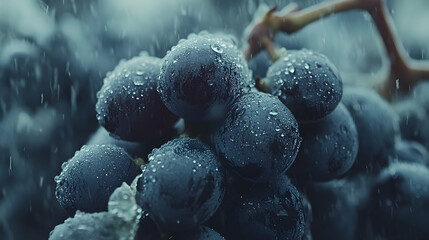 Dark Grapes Covered in Raindrops