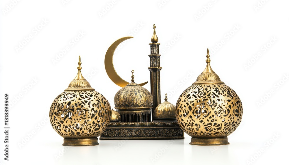 Poster ornate golden mosque model with crescent moon and intricate lanterns on white background