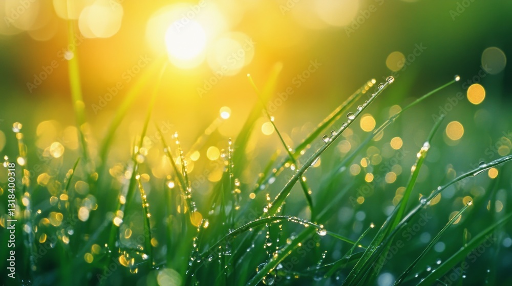 Poster morning light filters through blades of grass adorned with sparkling dew droplets. the atmosphere is