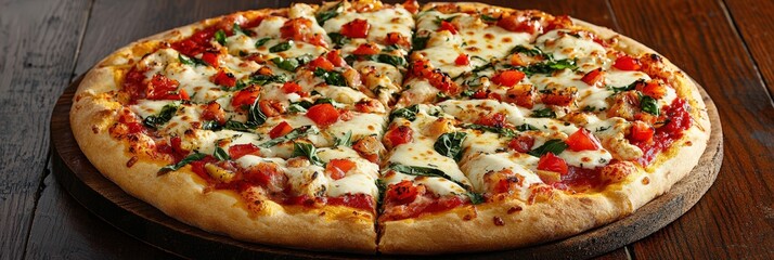 A traditional wood-fired pizza with melted mozzarella, fresh basil, and tomato sauce on a rustic wooden table