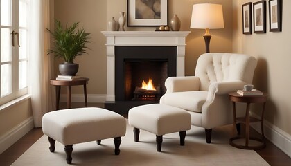 Fototapeta premium Cozy living room interior featuring fireplace and comfortable seating arrangements