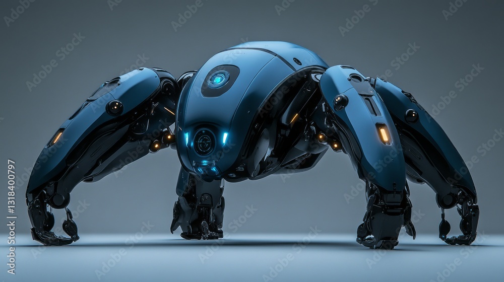 Poster Intricate robotic design features multiple articulated legs resembling a spider, illuminated by glowing lights, set against a minimalist backdrop, exemplifying advanced engineering achievements