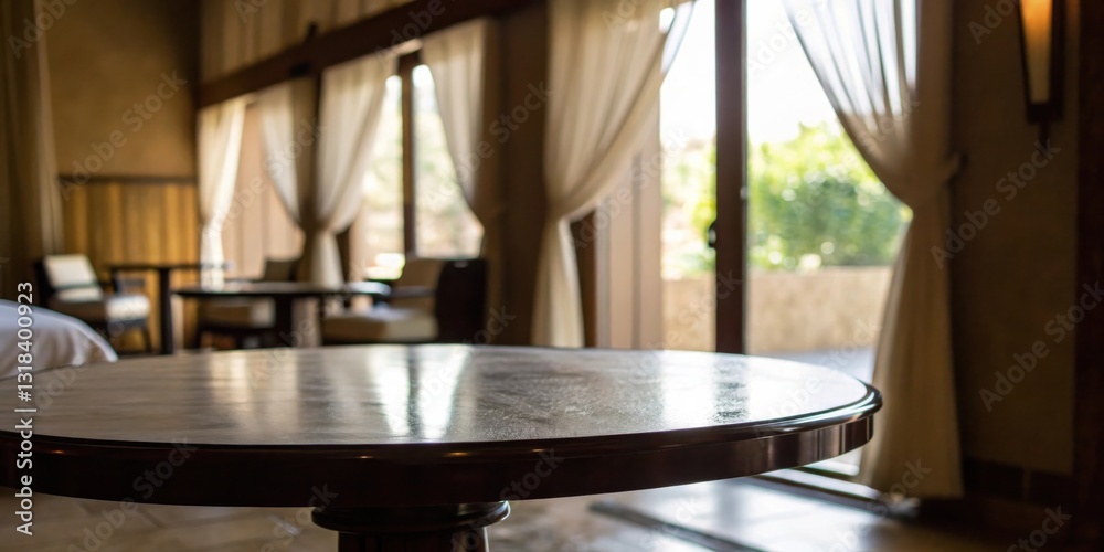 Poster A round wooden table with a smooth, shiny surface sits in the foreground of a modern interior, offering a blank canvas for design and imagination.