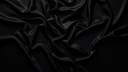 Obraz premium Black silk satin backdrop. Dark sophisticated background offering space for design. Text or product. Tabletop perspective. Flat lay. Template. Vacant. Wrinkles in fabric. Folds.
