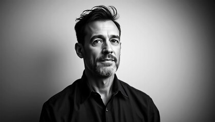 Fototapeta premium A Contemplative Man With A Thoughtful Gaze And Slightly Tousled Hair, Captured In A Dramatic Black And White Portrait Against A Neutral Background