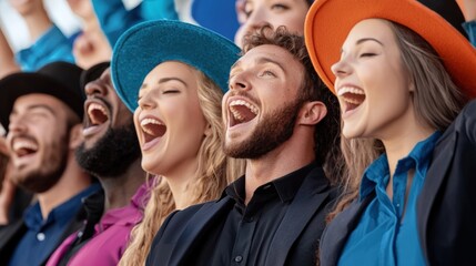 Fototapeta premium A dramatic musical theater performance, featuring a Broadway cast singing in harmony, dressed in extravagant costumes .