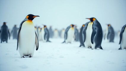 Fototapeta premium A group of gentoo penguins in a snowstorm.