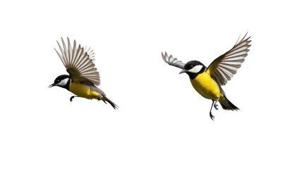 Obraz premium a pair of small birds soaring with their wings and feathers extended against a white isolated background