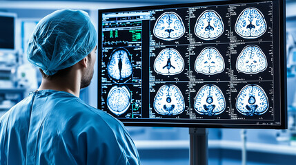 Male Neuroligist Doctor Watching Brain MRI On The Svreen In Modern Hospital