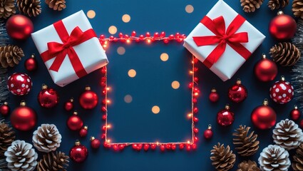 Obraz premium Merry Christmas and Happy Holidays greeting card, banner, and frame. Top view of red ornaments on a blue backdrop. Theme of winter holidays. Flat lay.