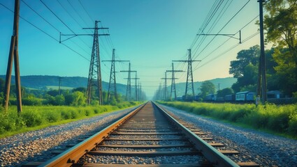 Fototapeta premium A linear railway track stretches toward the horizon, accompanied by power lines, creating a feeling of depth and perspective.