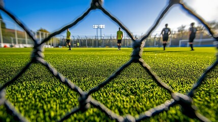 Soccer players practicing on a sunny field, viewed through a fence.