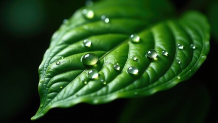 Fototapeta premium A vibrant fresh green leaf adorned with raindrops and illuminated by sunlight. The plant showcases a beautiful expressive form.
