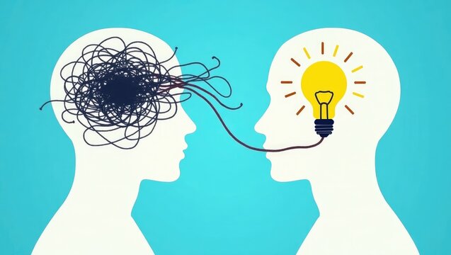 White outline head silhouettes with tangled threads and light bulb in the background connected by thread, conceptual interaction between confusion and enlightenment.