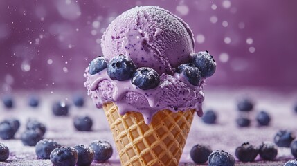 A tantalizing close-up of a waffle cone topped with velvety dark purple ice cream, adorned with...