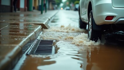 Flood water overflowing onto the road and entering a storm drain grate, vehicle navigating the flooded street amid rainfall. Flooding road, water draining into storm systems, efficient drainage met...