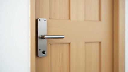 Wood door featuring digital door lock systems providing optimal security protection for apartments. Electronic door handle mounted on wood door. Selective focus.