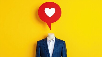 Contemporary art collage featuring a large social media like symbol instead of a human head, isolated against a background. Concept of social media, influence, popularity, modern lifestyle, and adv...