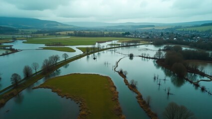 Aerial drone image of the inundated fields from a river on a rainy day following a significant flood after a storm.