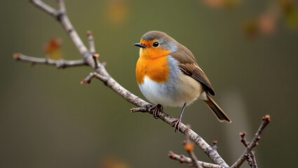 Fototapeta premium Beautiful European Robin. Typical bird. Quick, inquisitive, and alert. Moving from one spot to another, exploring, perching on a branch, sitting or hopping on the ground.