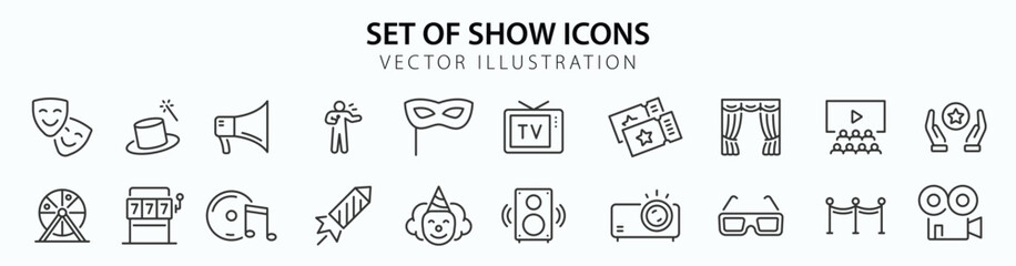 Show web icons in line style. Cinema, event, entertainment, ticket, cinema, music, theater, sport, collection. Vector illustration.