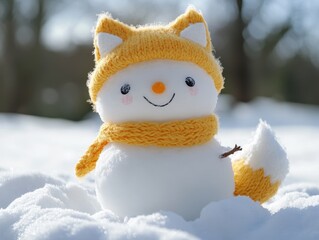 Obraz premium Adorable Knitted Fox Snowman in Snowy Winter Scene