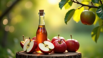 Apple cider vinegar displayed in the garden. Selective focus. Food.