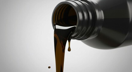 Studio lighting highlights the dark liquid being poured from a black plastic bottle into another in a close-up shot against a neutral background