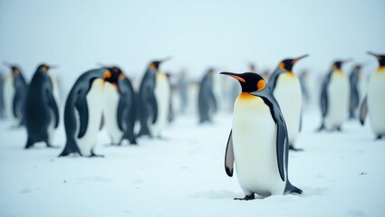 Fototapeta premium A group of gentoo penguins amid a blizzard