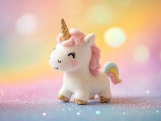 Fototapeta premium Adorable White Unicorn Figurine on Pastel Glitter Background