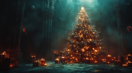 Fototapeta premium Enchanted Christmas Tree with Glowing Lights and Presents in Dark Mystical Setting